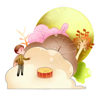 中秋节黄色卡通人物赏月吃月饼