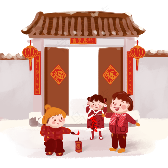 喜迎春节放鞭炮插画(2000X2000(DPI:300))psd模版下载