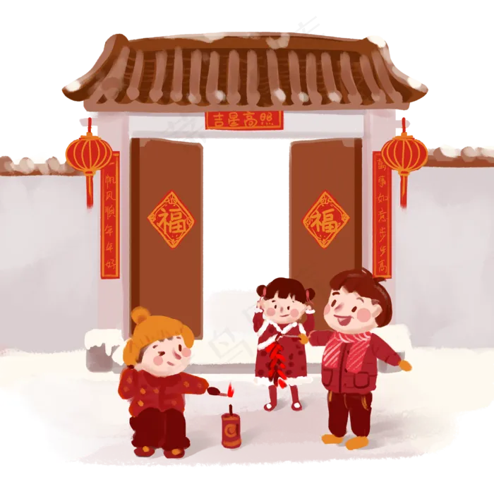 喜迎春节放鞭炮插画(2000X2000(DPI:300))psd模版下载