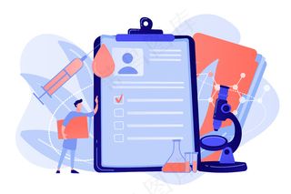 医生在剪贴板上拿着数据，注射器里有血滴。艾滋病、免疫缺陷病毒感染和免疫缺陷概念。粉珊瑚蓝载体独立插图