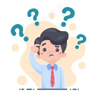 一身西装的男职员挠头表示怀疑，上面有许多问号。