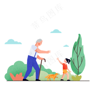 重阳节爷孙情陪伴老人绿色系卡通
