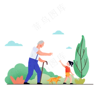 重阳节爷孙情陪伴老人绿色系卡通