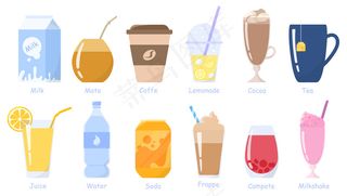 饮料，饮料套装。牛奶包、汽水罐、一杯果汁、一杯咖啡和茶等不含酒精的饮料。健康的生活方式。插图