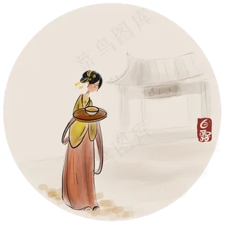 水墨端茶的古代仕女