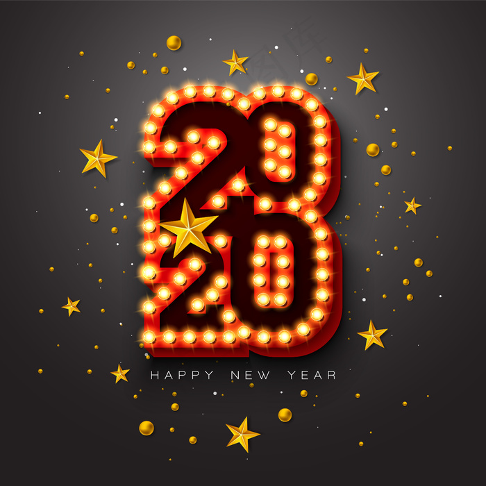 2020年新年快乐插画与3d灯泡印刷字体和圣诞球在黑色背景。