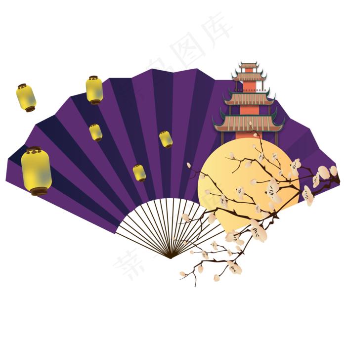 中秋节扇子亭子装饰(2000*2000px 300 dpi )ai矢量模版下载