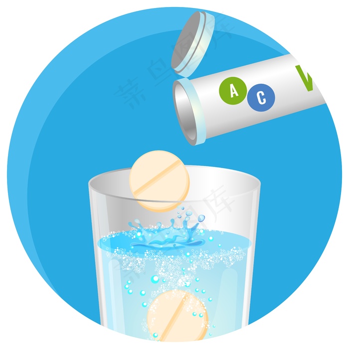 健康的天然维生素在透明的水玻璃。医疗意味着溶解在液体中。