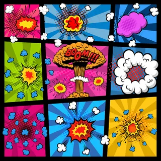 漫画页模型样机与不同的爆炸气泡。海报、印刷品、卡片、横幅banner、宣传单,DM传单的元素。形象