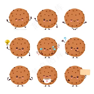 可爱快乐有趣的巧克力饼干集。卡通人物插图图标设计.隔离白色背景