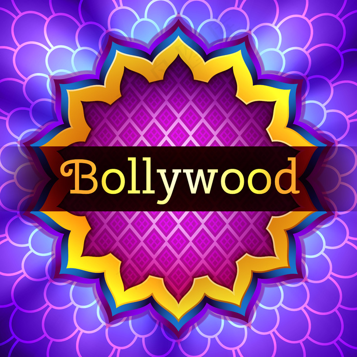 印度宝莱坞电影标志插图，金色莲花装饰框，紫罗兰色背景