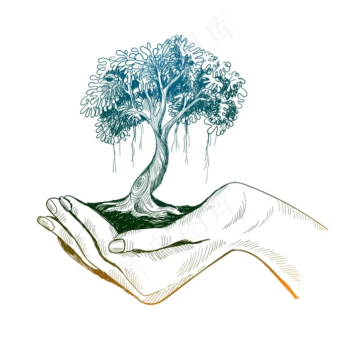 手绘女孩抱着树地球素描设计eps,ai矢量模版下载