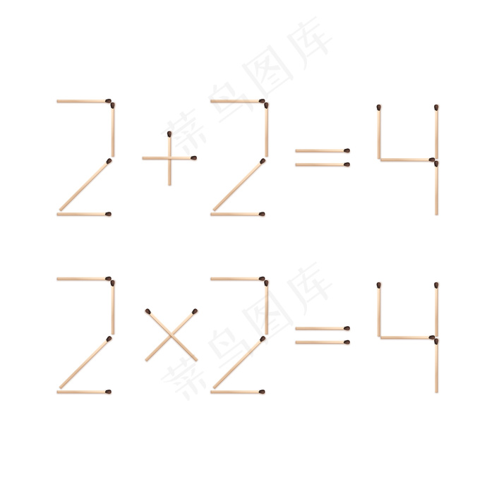 数学表达式2加2等于4，2乘以2等于4，由棕色匹配构成，在白色背景上近距离俯视