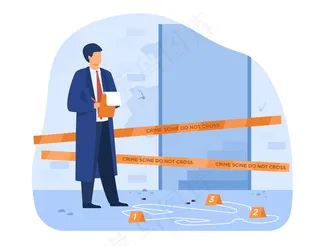 侦探在犯罪现场工作，做笔记，在尸体的白色轮廓上寻找证据。调查矢量图、警察督察、谋杀概念