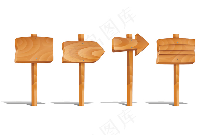 白色背景上隔离设置的木质标志。木箭头空白，胶合板柱。木制标志矢量图