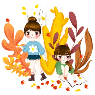 秋天捡树叶做标本png透明底