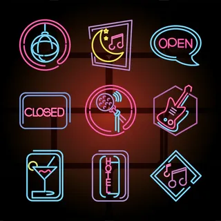 霓虹灯标志图标集夜总会，迪斯科舞厅和卡拉OK插图