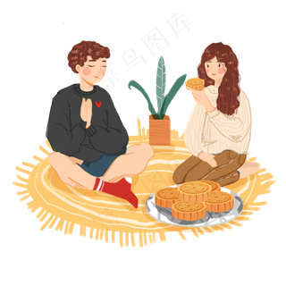 中秋情侣吃月饼png素材