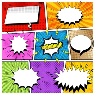 漫画书彩色构图，带有语音气泡、箭头、闪电、声音、光线和不同的半色调效果