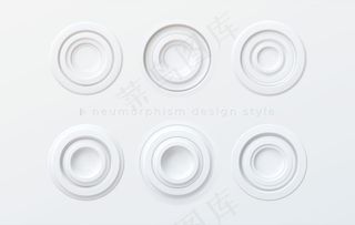 在白色背景上隔离的一组具有newmorphism风格的白色圆形按钮