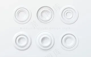 在白色背景上隔离的一组具有newmorphism风格的白色圆形按钮