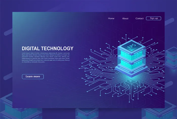 人工智能。大数据处理中心概念、云数据库、未来之站、数据挖掘、能源服务器。数字信息技术，机器编程。矢量插图。eps,ai矢量模版下载