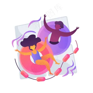 夏季休息。人们用橡皮圈和救生圈游泳。集体聚会的主意。充气玩具，游泳管，游泳池设备。夏天的乐趣。