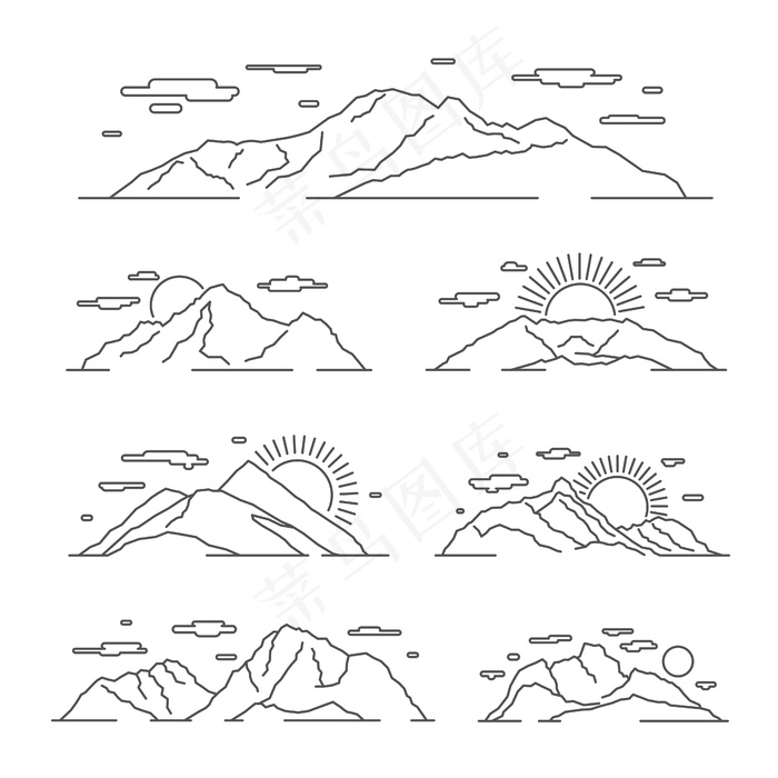 线性山脉插图。阿尔卑斯山脉风景线。山岩线状景观