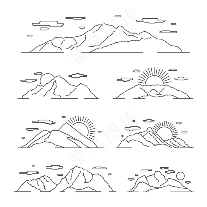 线性山脉插图。阿尔卑斯山脉风景线。山岩线状景观eps,ai矢量模版下载