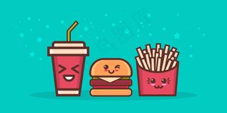 可爱的汉堡包土豆免费和汽水快餐集卡通漫画人物