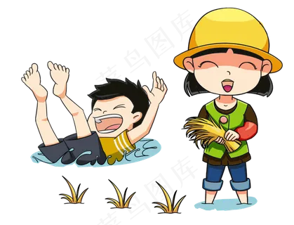 手绘收稻子的母子免抠图