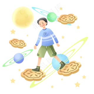 中秋节踩在月饼男孩