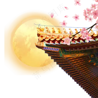 中秋节建筑屋檐月亮