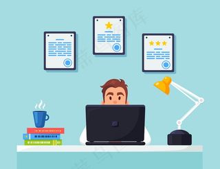 在办公桌旁工作的商人。办公室内部有文件、咖啡。坐在椅子上的经理