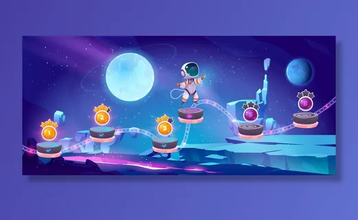 太空游戏移动街机与宇航员跳台上的奖金和资产项目外星景观