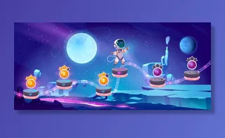 太空游戏移动街机与宇航员跳台上的奖金和资产项目外星景观