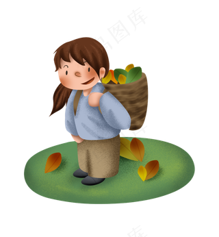 手绘秋游的背篓小女孩