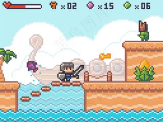 象素艺术，游戏中的角色。手持利剑和盾牌的人与怪物外星人战斗。像素化的游戏场景，河上的木制平台，木板上的台阶，旧木船