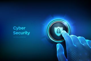 网络安全。保护和安全概念。特写手指即将按下带有安全屏蔽符号的按钮。