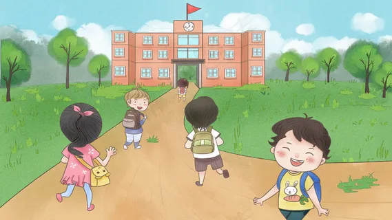 开学一群学生背书包上学卡通手绘 开学一群学生背书包上学卡通手绘