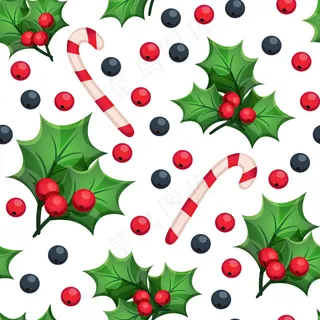 圣诞无缝图案与装饰元素：绿叶，红色和蓝色浆果，糖果藤