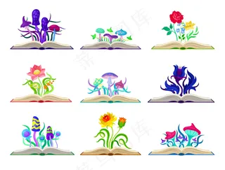 一套五颜六色的蘑菇和鲜花。白底插图。