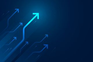 蓝色背景上的光箭头电路插图，复制空间构成，业务增长概念。