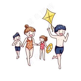 手绘卡通国庆节全家海边旅游