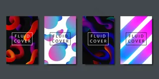 一套真实的宣传册几何梯度流体形状的装饰和覆盖在黑暗的背景。