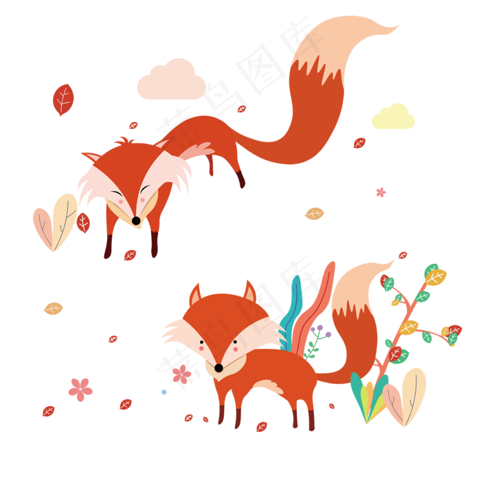 手绘秋天狐狸落叶插画