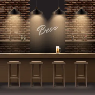 矢量酒吧，酒吧内部有砖墙，木制柜台，椅子，架子，酒精，啤酒杯和灯