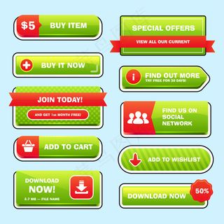 一组用于游戏或网络的明亮按钮。