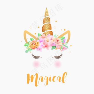 可爱的独角兽图案，带花环和金色闪光