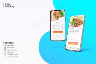 可编辑的智能手机模型样机，以显示食品应用程序的概念模板